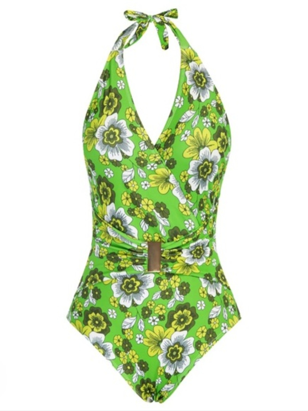 Grace Karin Retro Green Floral Halter One-Piece Swimsuit